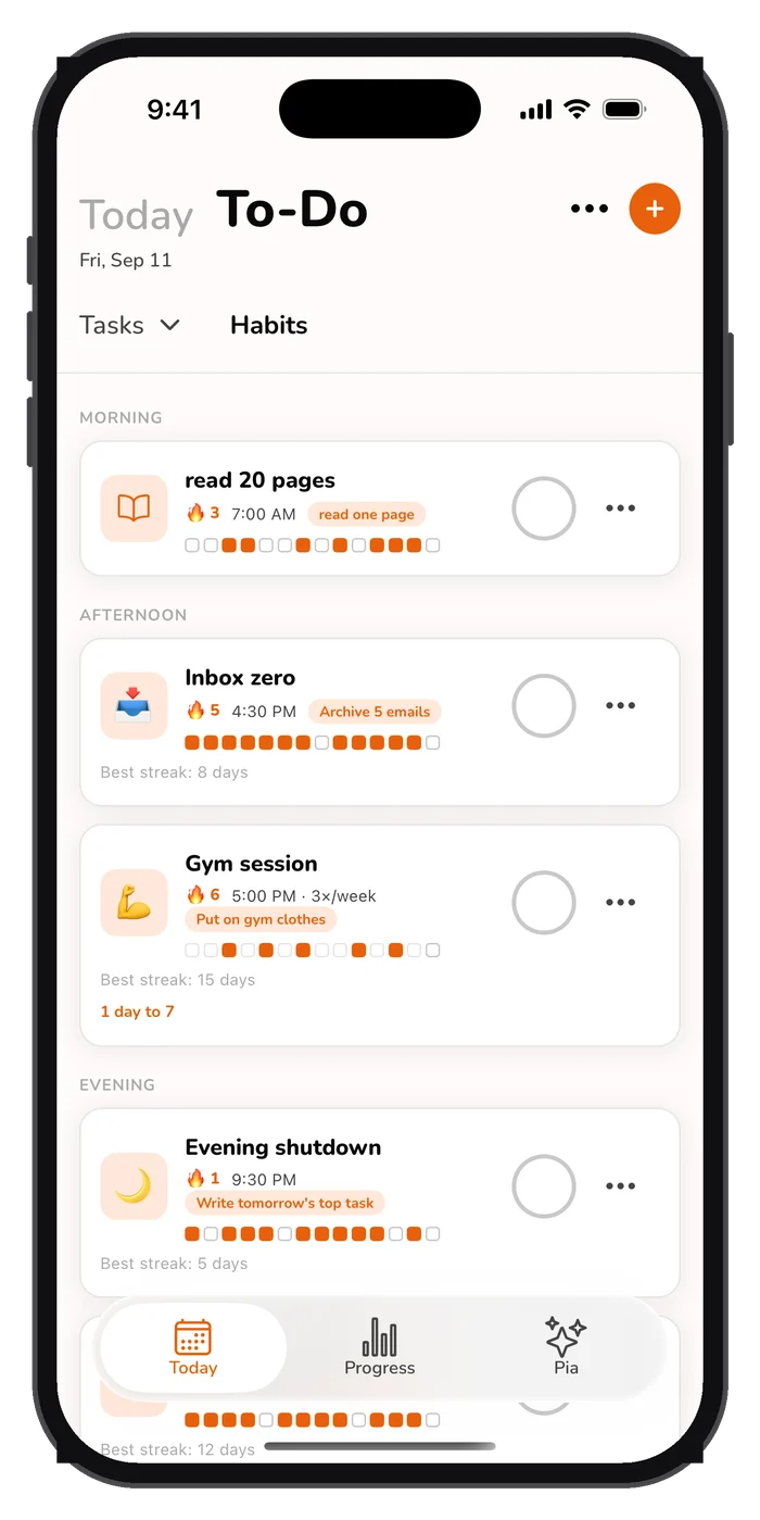 Habit cards with streaks, times, and a dot history that keeps accumulating